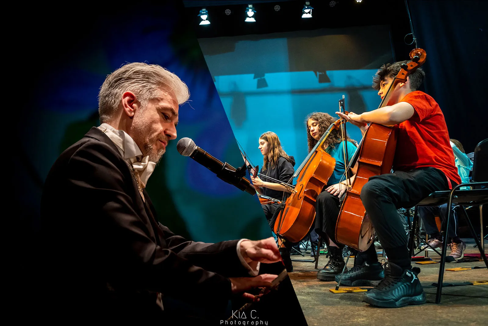 Ragazze e ragazzi suonano il violoncello sul palco durante il concerto Morgan & Friends